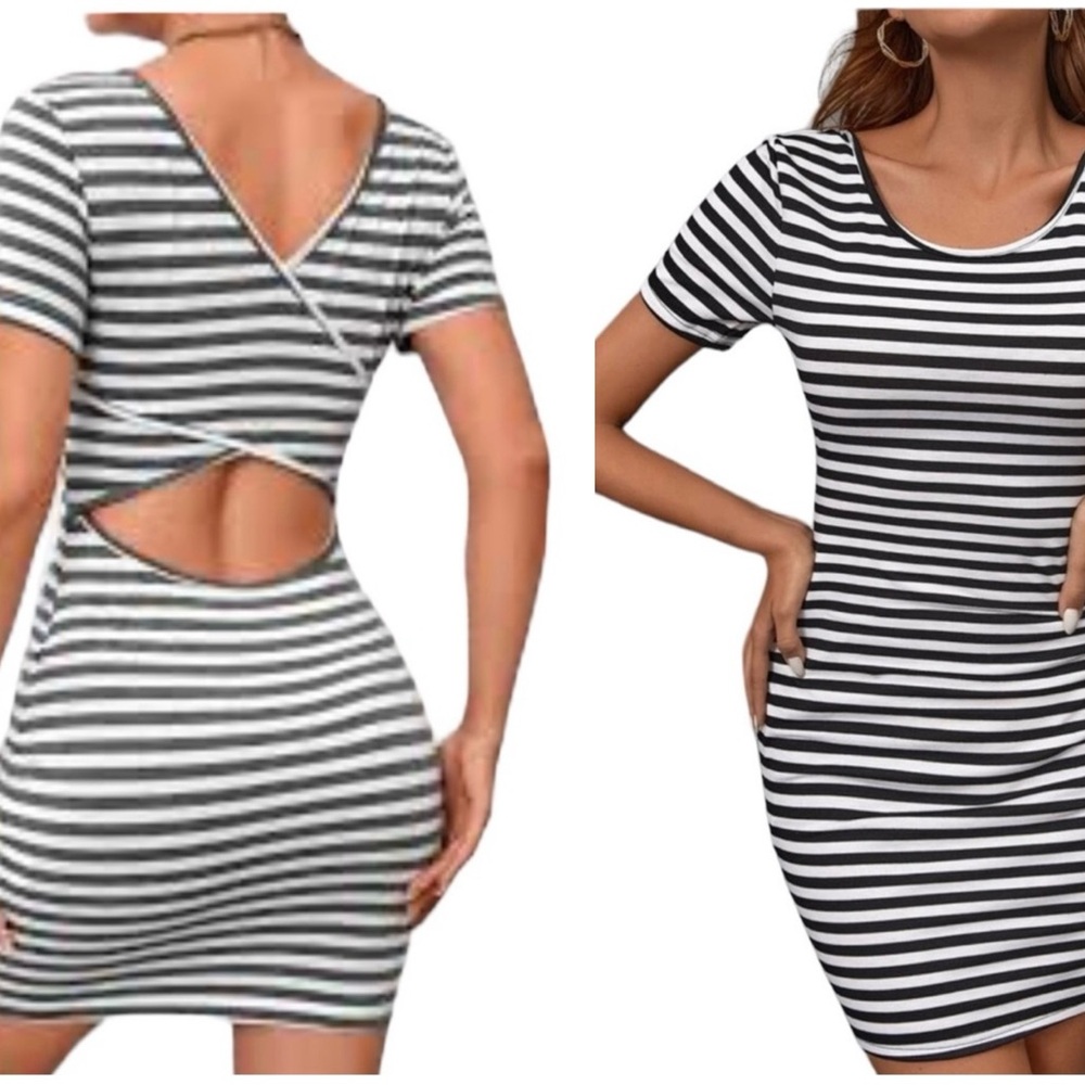 SHEIN Black & White Striped Wrap Cutout Bodycon Mini Dress Size 2